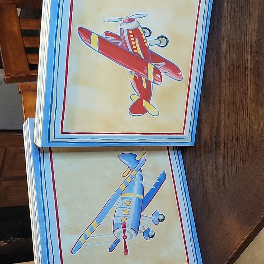 Vintage Airplane Wall Art Pair - Red & Blue Children's Prints